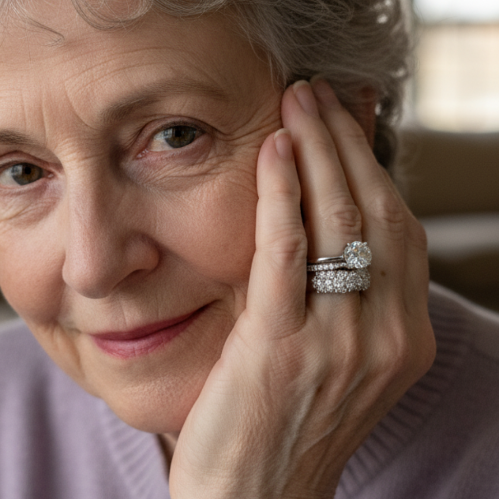 Brilliant Stacked Ring Set with Round and Hexagonal Stones in Gold and Silver Tones