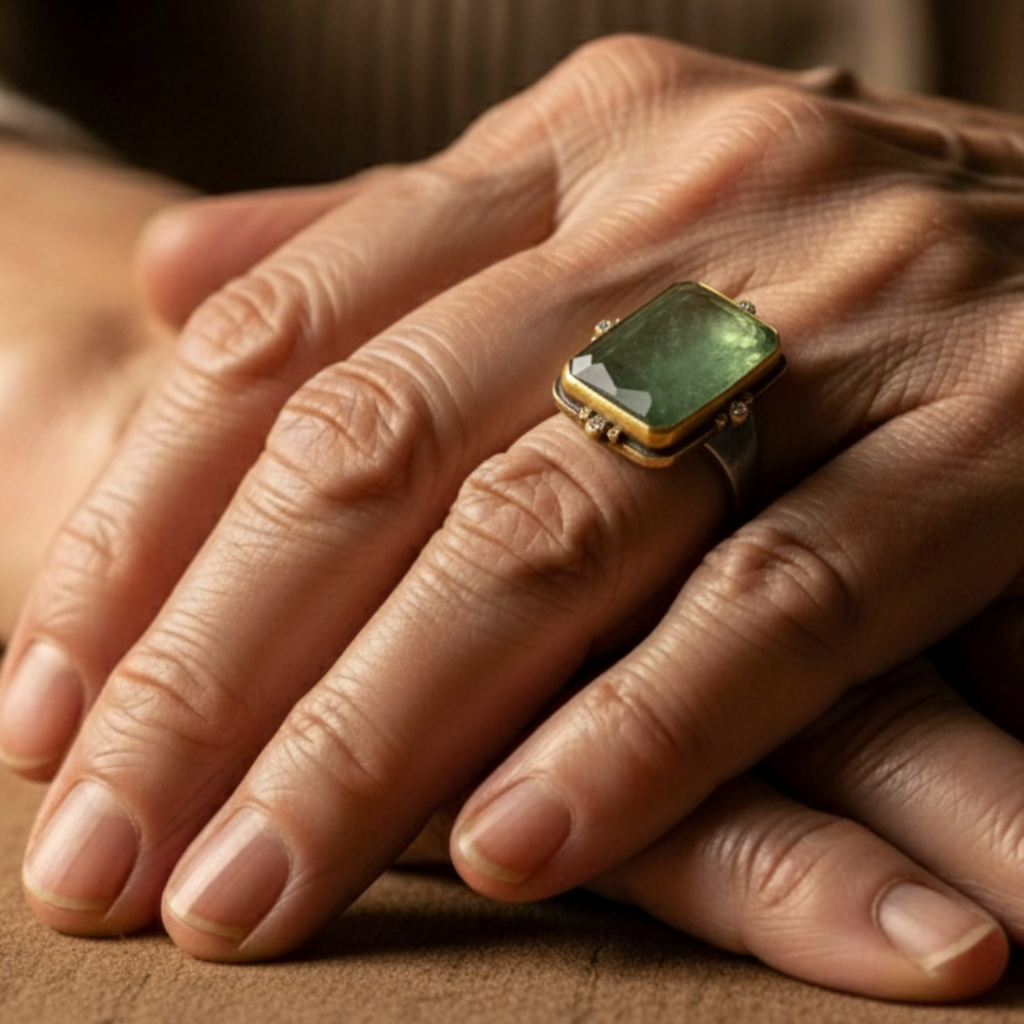 Rectangular Green Gemstone Ring with Gold Frame and Diamond Accents