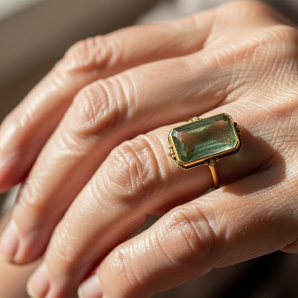 Rectangular Green Gemstone Ring with Gold Frame and Diamond Accents