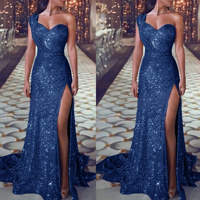 Melissa – One-shoulder Sleeveless Shimmer Split Dress