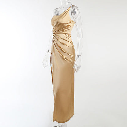Leah – Woven One-Shoulder Slit Dress with Fishbone Waist