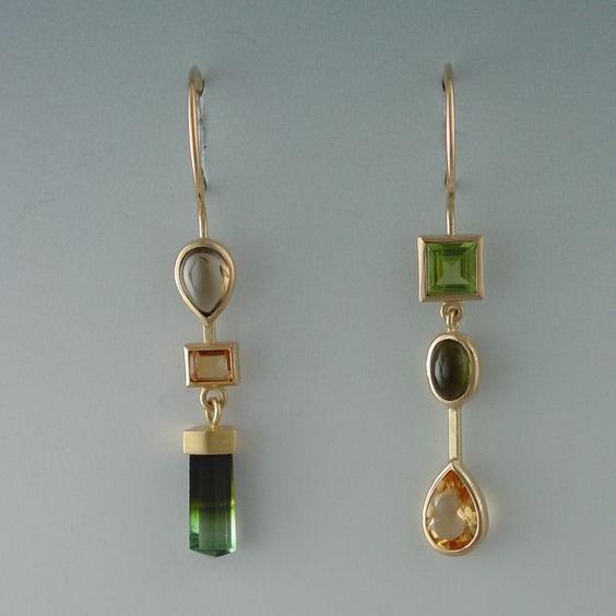 Asymmetric Geometric Dangle Earrings with Green and Gold Tones