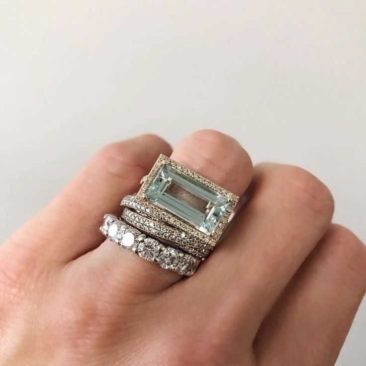 Art Deco Crystal Rectangle Ring Stack with Pavé and Round Stone Bands