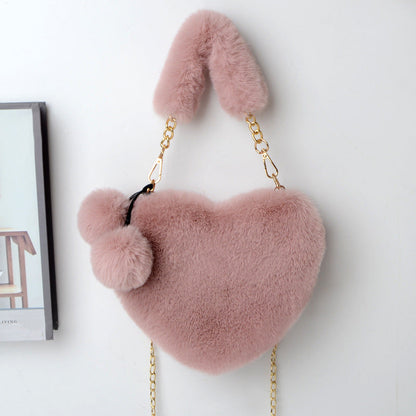 Jade – Red Heart-Shaped Fluffy Shoulder Bag with Gold Chain Straps