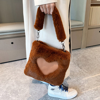 Zoe – Plush Heart-Design Fur Handbag with Soft Handle and Zipper Closure