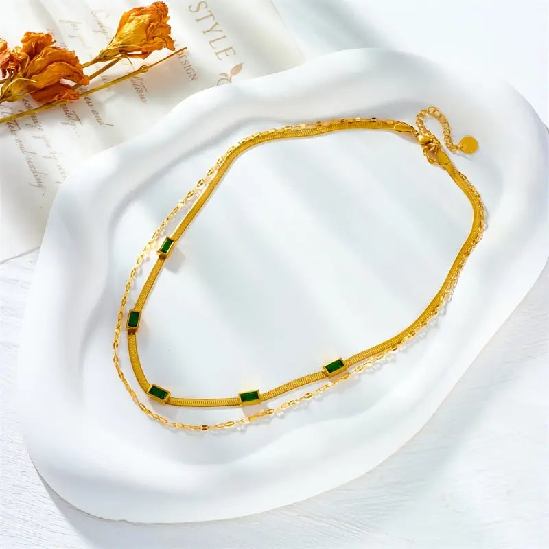 Emerald-Accented Gold Layered Necklace Set