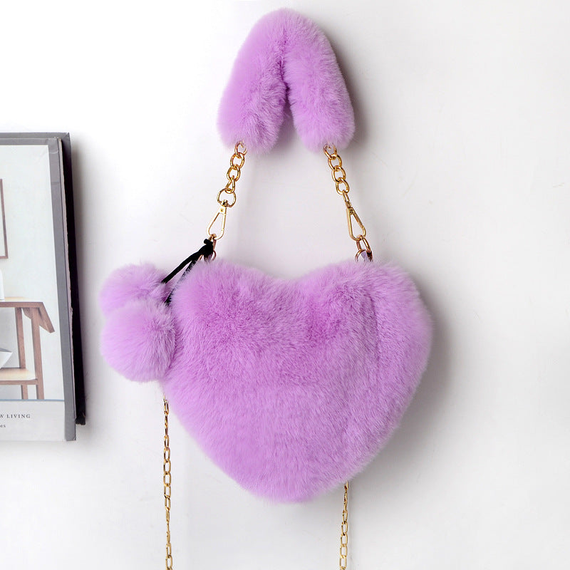 Jade – Red Heart-Shaped Fluffy Shoulder Bag with Gold Chain Straps