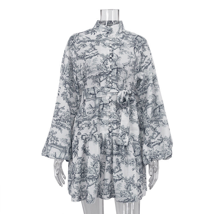 Kathryn – Ink Print A-Line Dress with Puffy Sleeves
