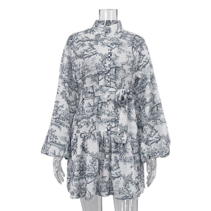 Kathryn – Ink Print A-Line Dress with Puffy Sleeves
