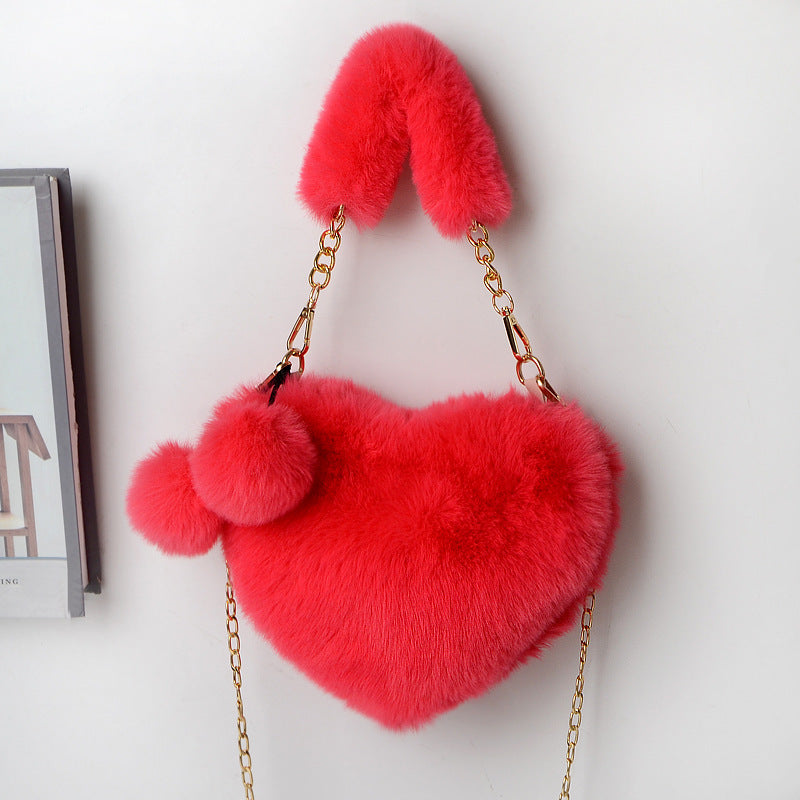 Jade – Red Heart-Shaped Fluffy Shoulder Bag with Gold Chain Straps