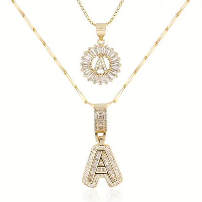Layered Initial Necklace Set in Gold with Crystal Accents