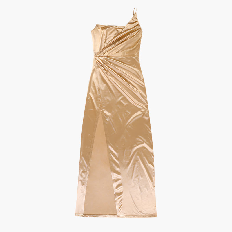 Leah – Woven One-Shoulder Slit Dress with Fishbone Waist