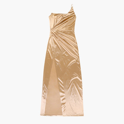 Leah – Woven One-Shoulder Slit Dress with Fishbone Waist