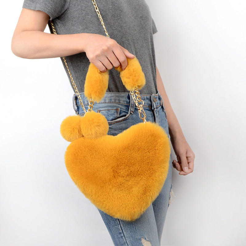 Jade – Red Heart-Shaped Fluffy Shoulder Bag with Gold Chain Straps