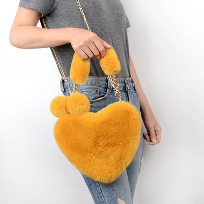 Jade – Red Heart-Shaped Fluffy Shoulder Bag with Gold Chain Straps