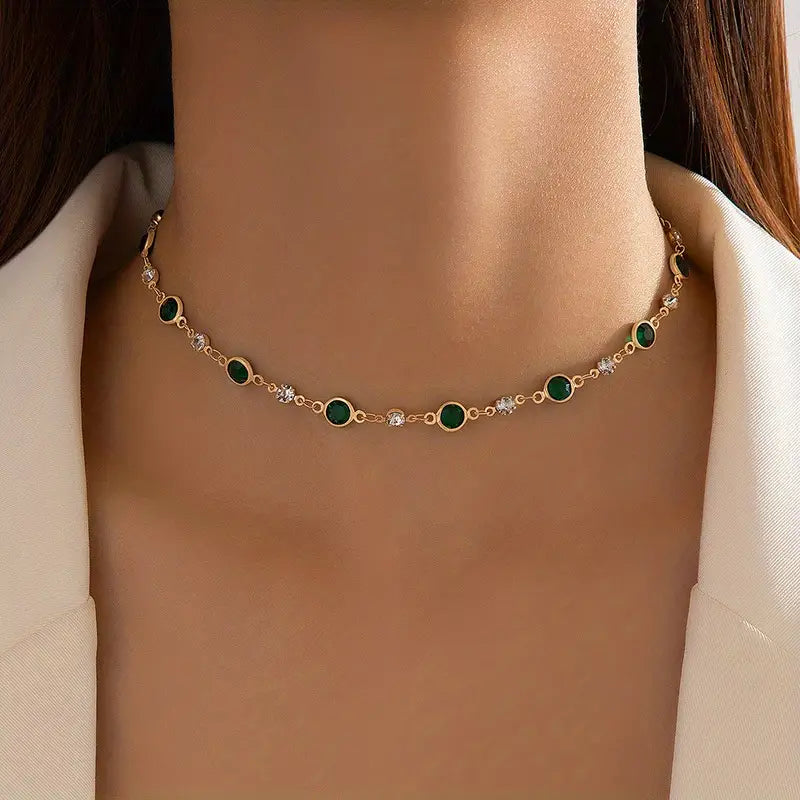 Emerald Green Crystal Choker Necklace in Gold