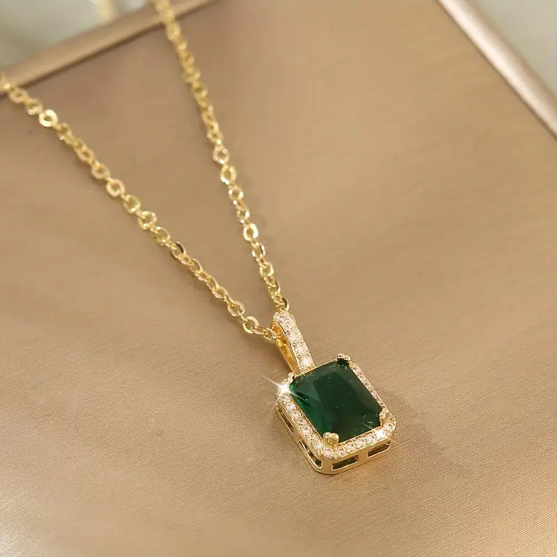 Emerald Green Pendant Necklace with Gold and Crystal Accents