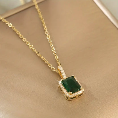 Emerald Green Pendant Necklace with Gold and Crystal Accents
