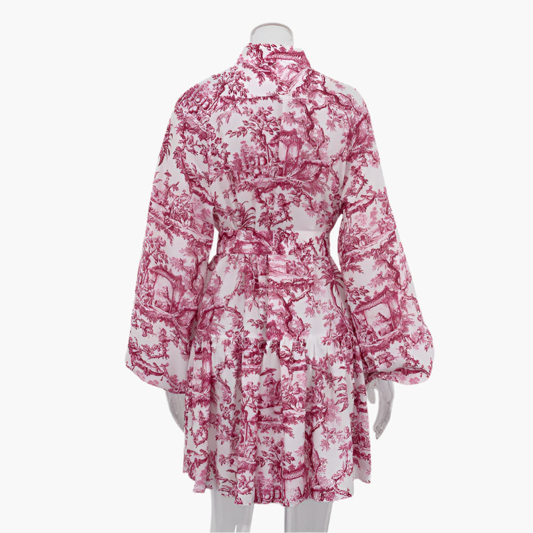 Kathryn – Ink Print A-Line Dress with Puffy Sleeves