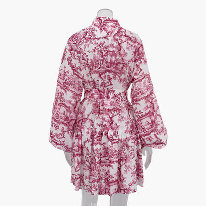 Kathryn – Ink Print A-Line Dress with Puffy Sleeves