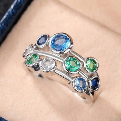 Vintage Silver Layered Ring with Blue and Green Crystals