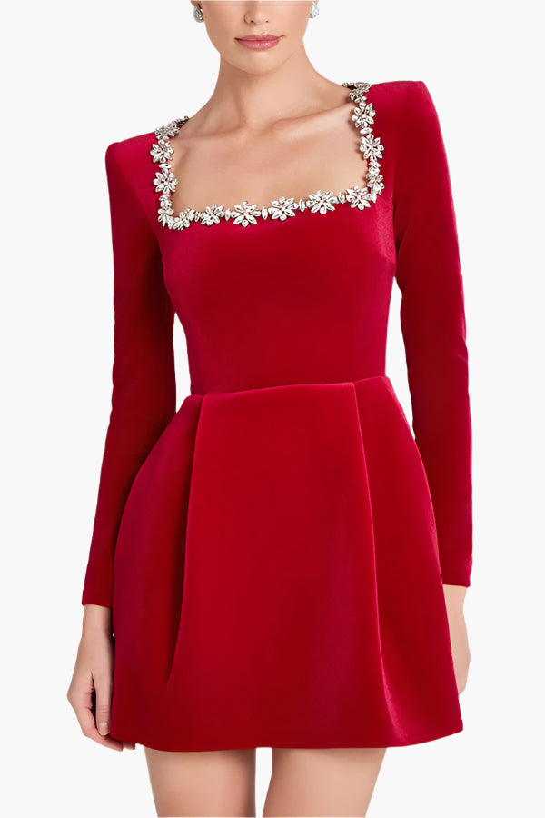 Jennifer – Elegant Square Neck A-line Dress with Rhinestone