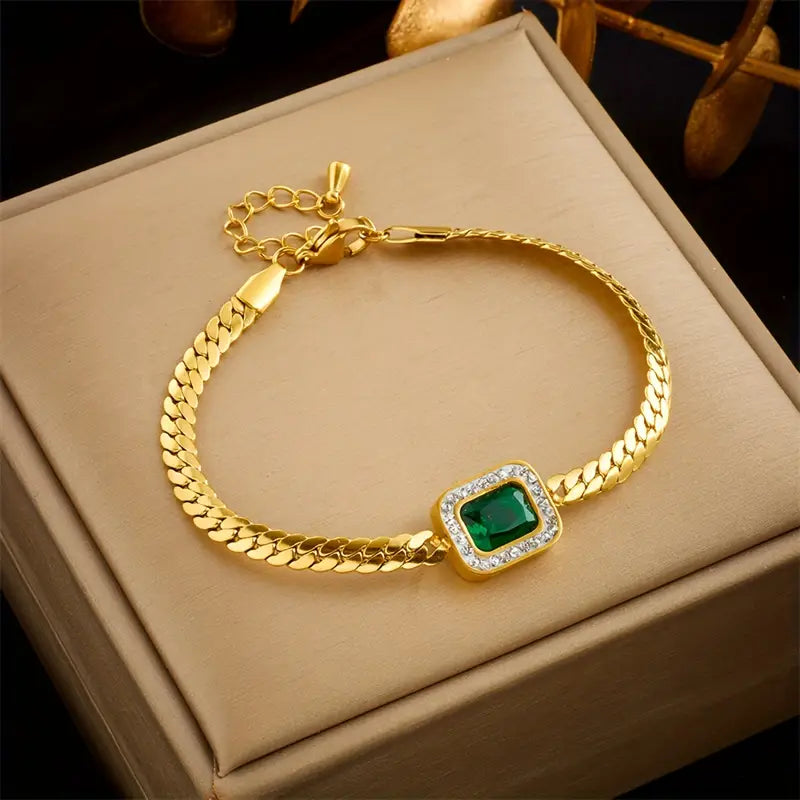 Emerald Green Crystal Halo Gold Bracelet