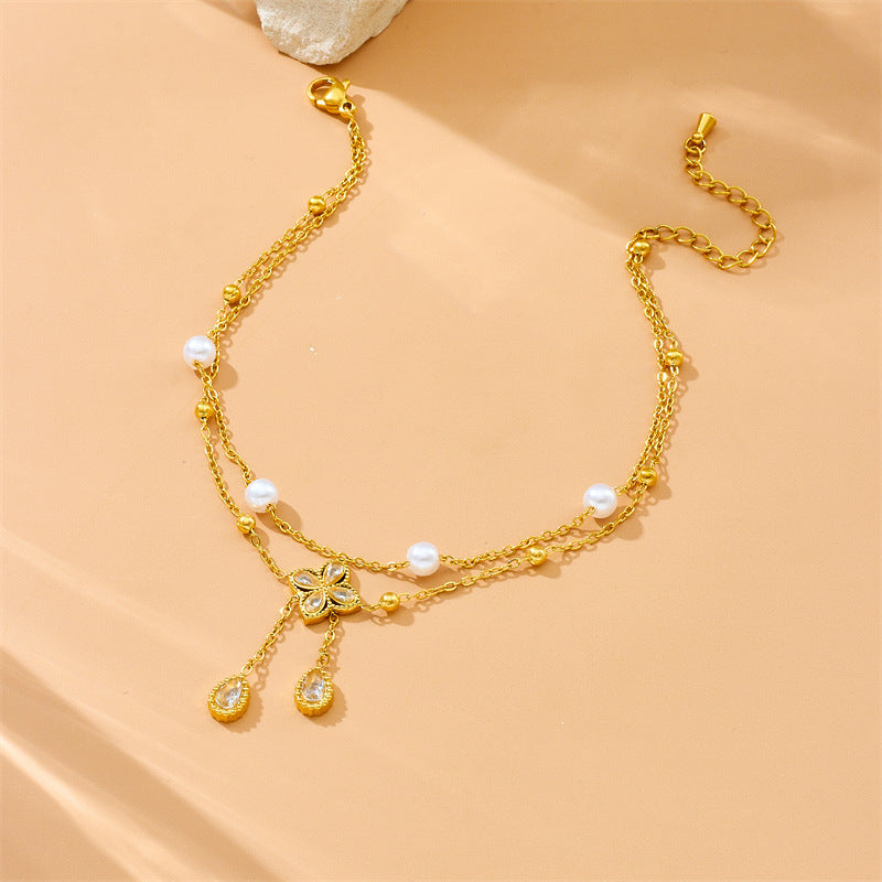 Jean – Double Layer Diamond Flower Pearl Anklet