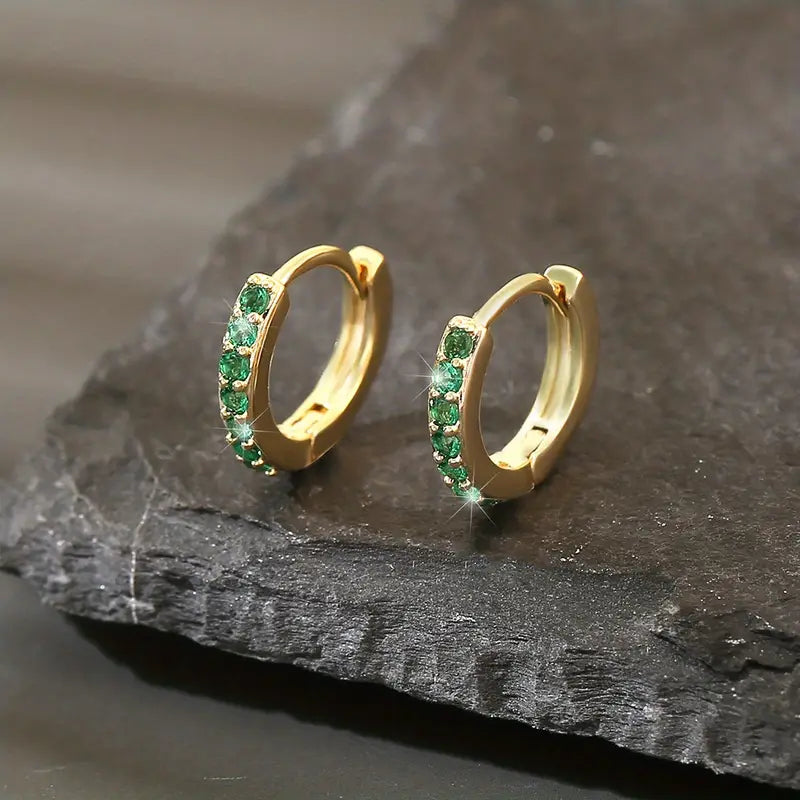 Gold Hoop Earrings with Emerald Green Accents