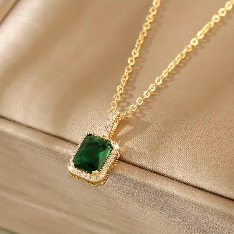 Emerald Green Pendant Necklace with Gold and Crystal Accents