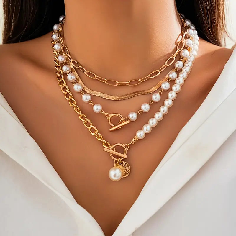Layered Gold Chain and Pearl Necklace Set
