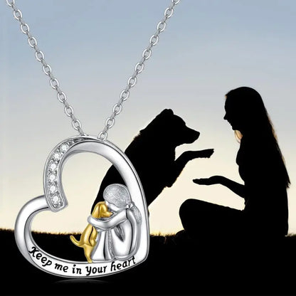 Heart-Shaped Girl and Dog Embrace Necklace with Gold-Tone Detail