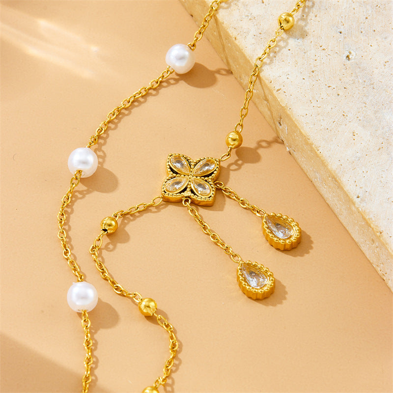 Jean – Double Layer Diamond Flower Pearl Anklet