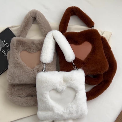 Zoe – Plush Heart-Design Fur Handbag with Soft Handle and Zipper Closure
