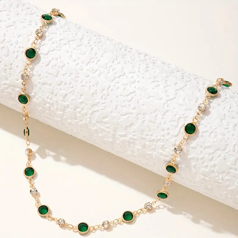Emerald Green Crystal Choker Necklace in Gold