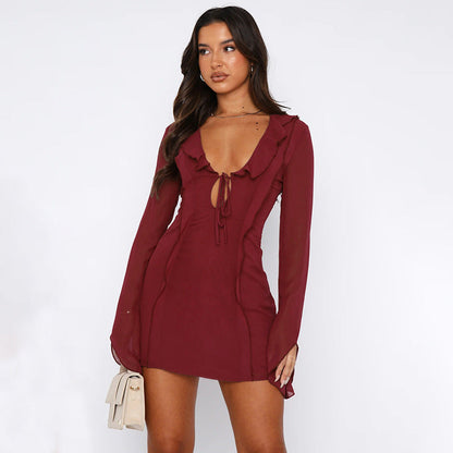Zoe – Ruffled V-neck Lace-up Dress