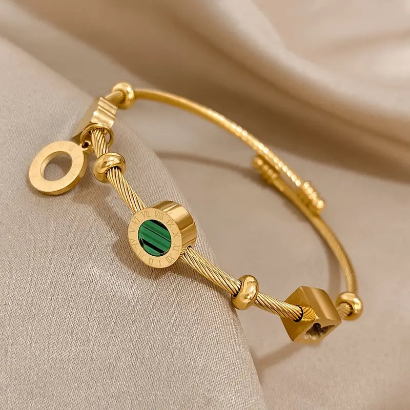 Geometric Charm Bangle in Gold with Roman Numerals and Green Accent
