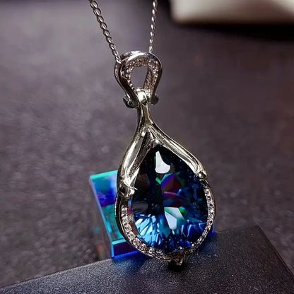 Teardrop Blue Crystal Pendant Necklace with Silver Accents