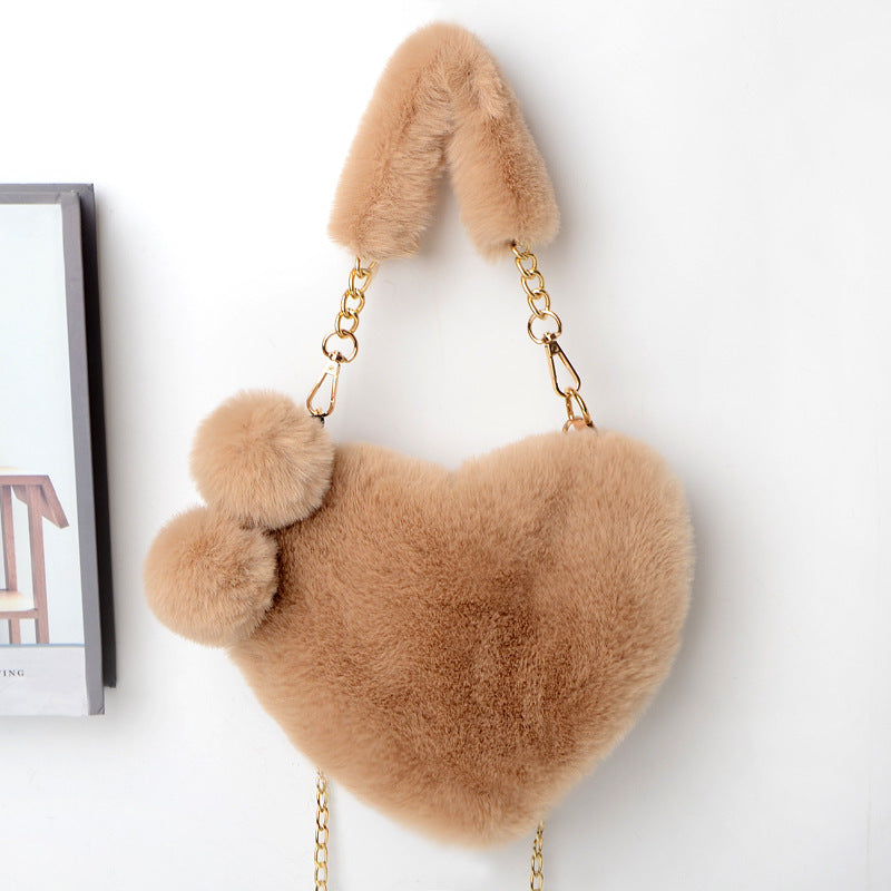 Jade – Red Heart-Shaped Fluffy Shoulder Bag with Gold Chain Straps