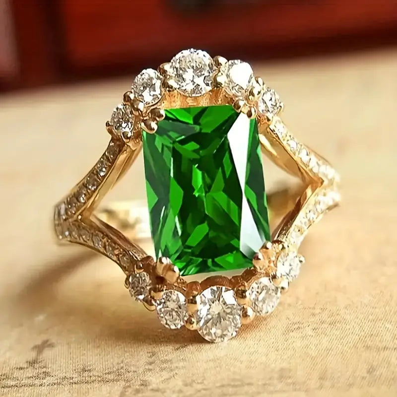 Vintage Gold Ring with Emerald Cut Green Stone and Crystal Halo