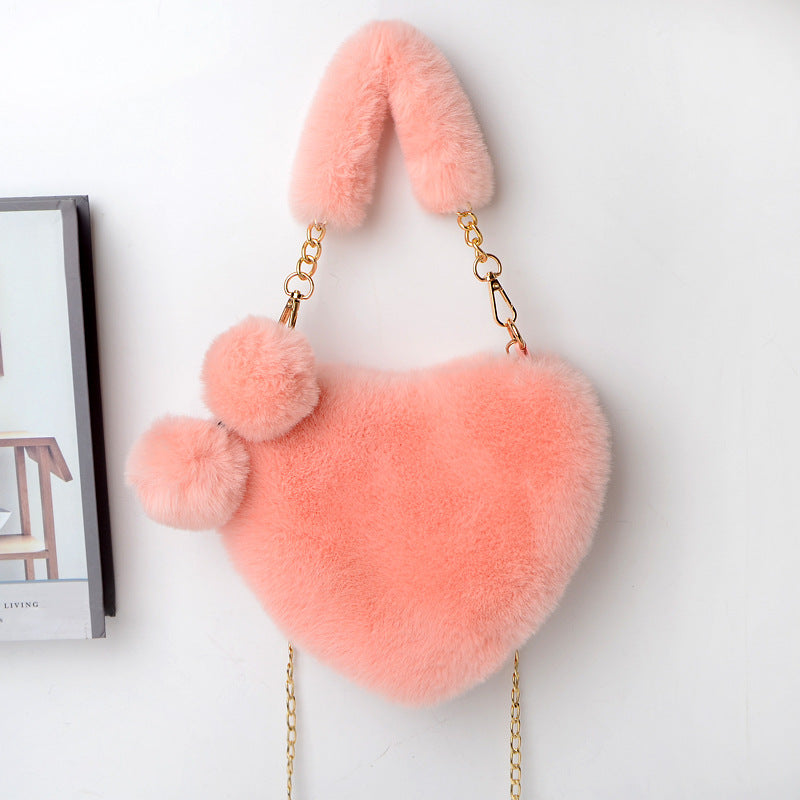 Jade – Red Heart-Shaped Fluffy Shoulder Bag with Gold Chain Straps
