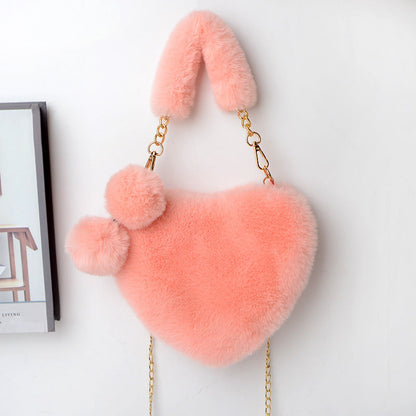 Jade – Red Heart-Shaped Fluffy Shoulder Bag with Gold Chain Straps