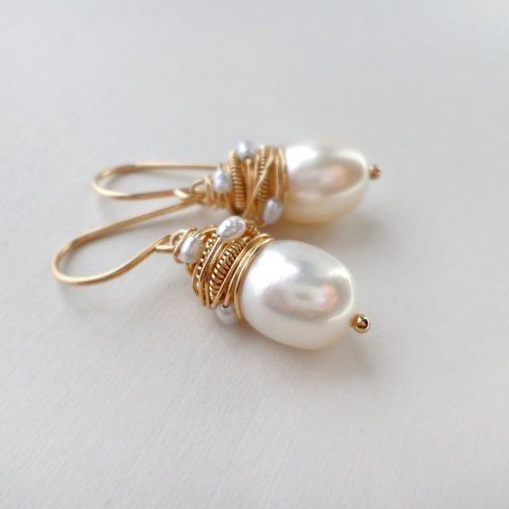 Pearl Drop Earrings with Gold Wire Wrap