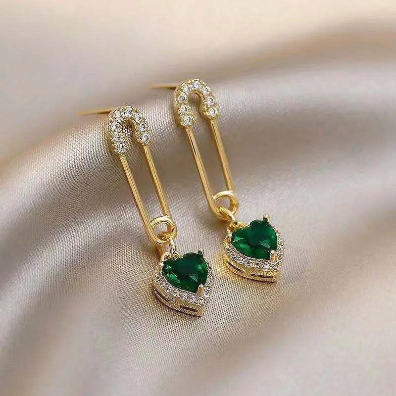 Gold Safety Pin Earrings with Emerald Heart Crystals