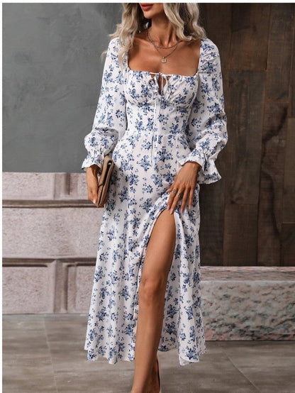 Sue – Long Sleeve Floral Dress with Square Neck