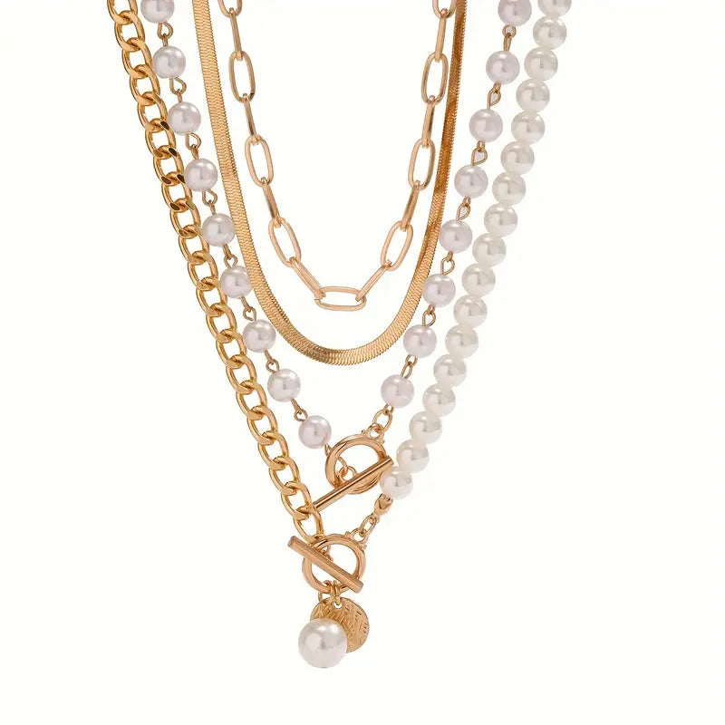 Layered Gold Chain and Pearl Necklace Set