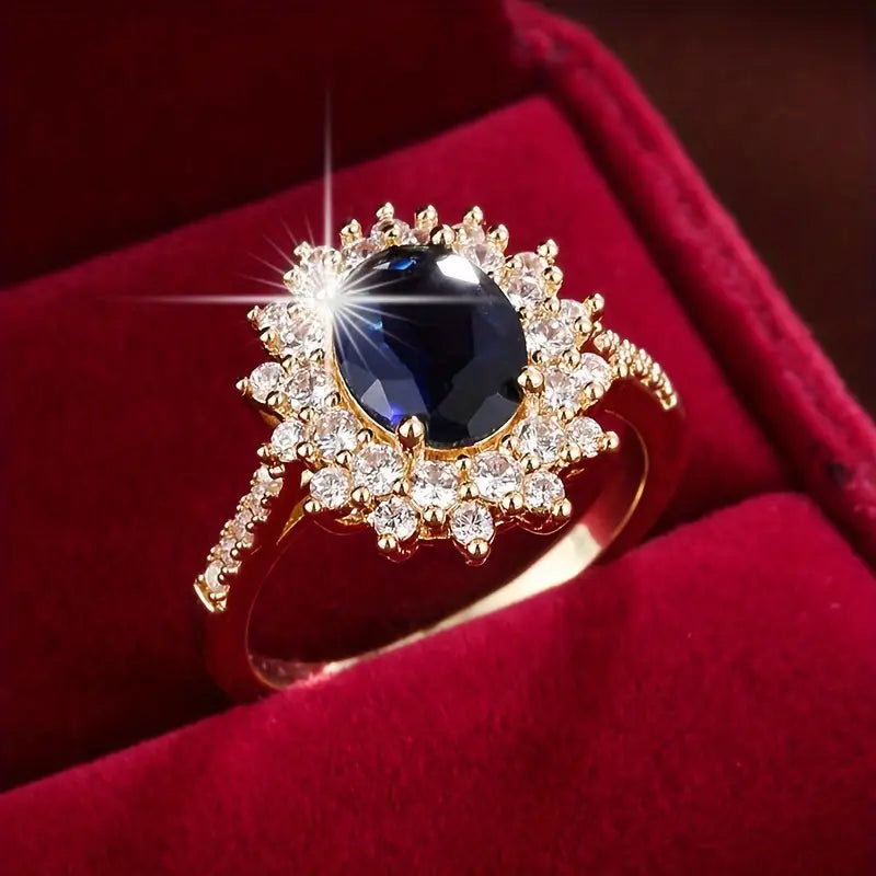 Midnight Sapphire Halo Ring in Gold Color with Crystals