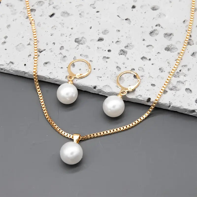 Classic Pearl Drop Necklace and Earring Set in Gold Tone