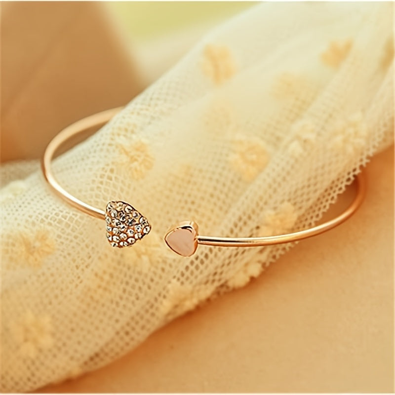 Heart Accent Vintage Rhinestone Open Cuff Bracelet for Daily and Gift Use