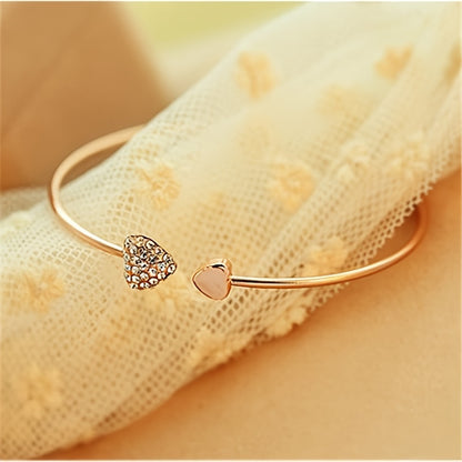 Heart Accent Vintage Rhinestone Open Cuff Bracelet for Daily and Gift Use